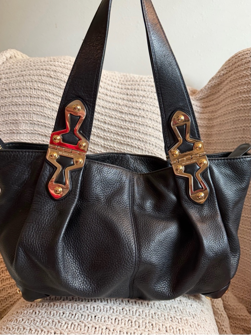 Michael Kors Joplin Black Pebbled Leather Tote Gold Tone Studded Shoulder Bag